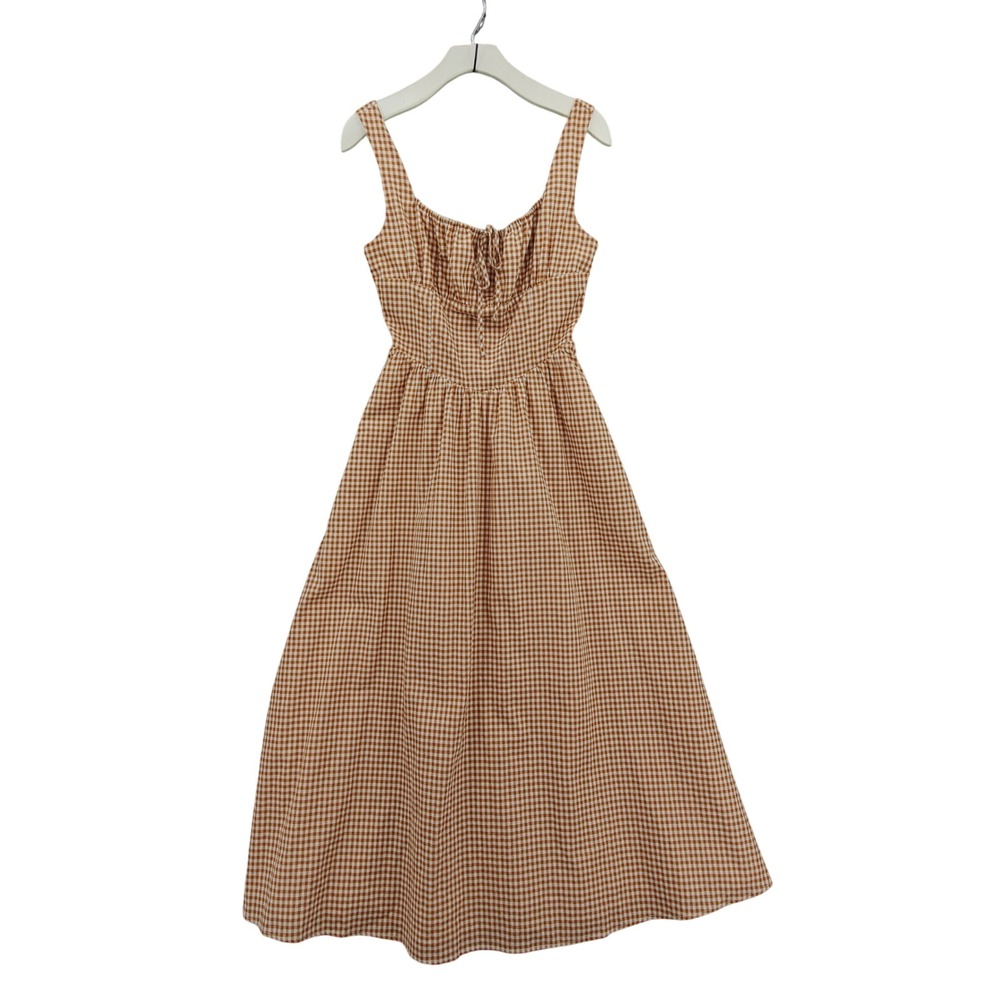 Aureum Women Milkmaid Cottagecore Picnic Farm Gingham Midi Dress M Brown Smocked